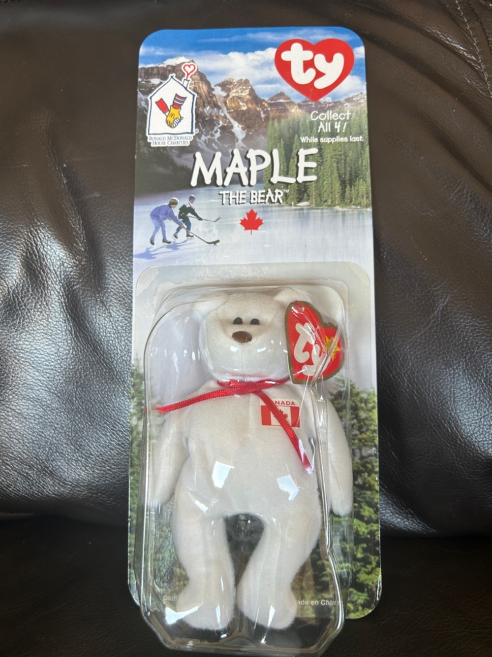 Ty McDonald’s Teenie Maple Bear Plush - White with Red Ribbon
